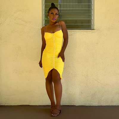 Yellow Ruched Summer Midi Dress