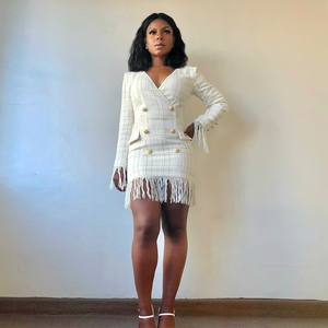 Fringe white tweed dress